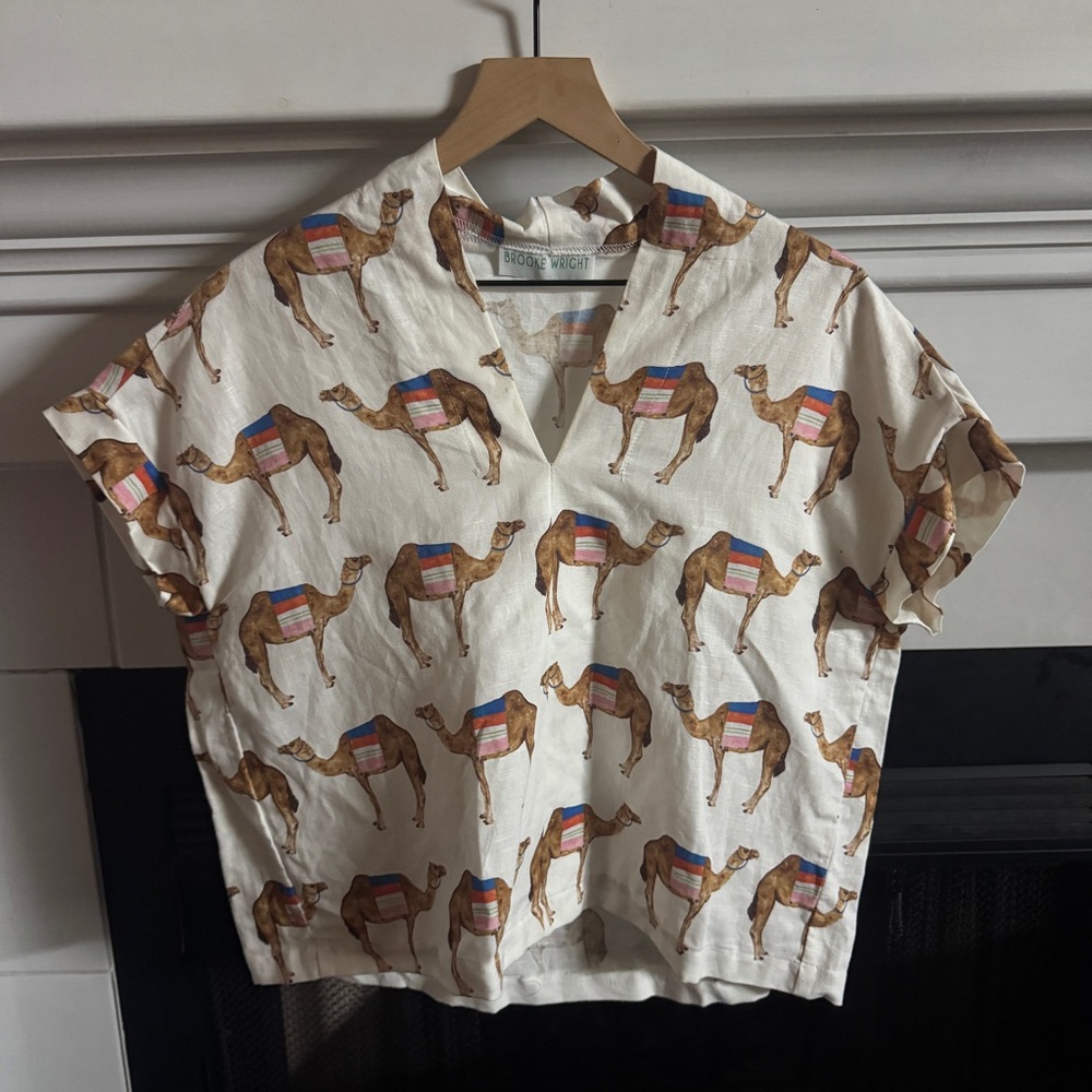 Brooke Wright Ivory Camel-Print V-Neck Short Sleeve Blouse
